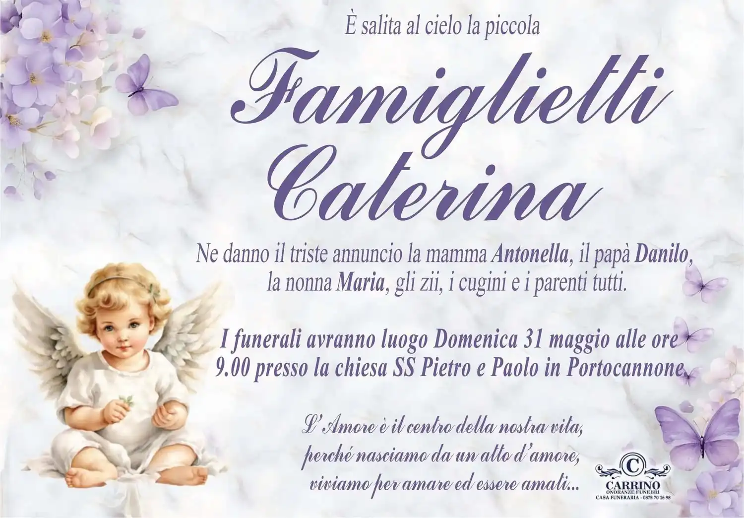 Portocannone nel dolore per la piccola Caterina: il 31 maggio i funerali